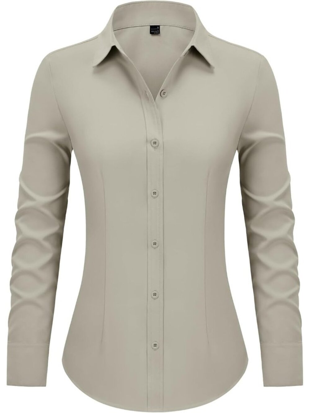Women's Khaki Grey Long Sleeve Button Down Shirt Collared Dress Wrinkle Free Top